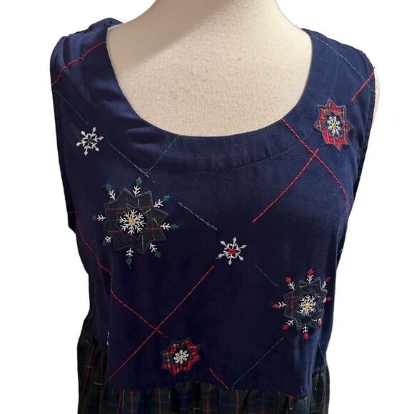 Bobby Brooks Maxi Dress Appliquéd Navy Green Red Gold Plaid size Lg - Picture 2 of 10